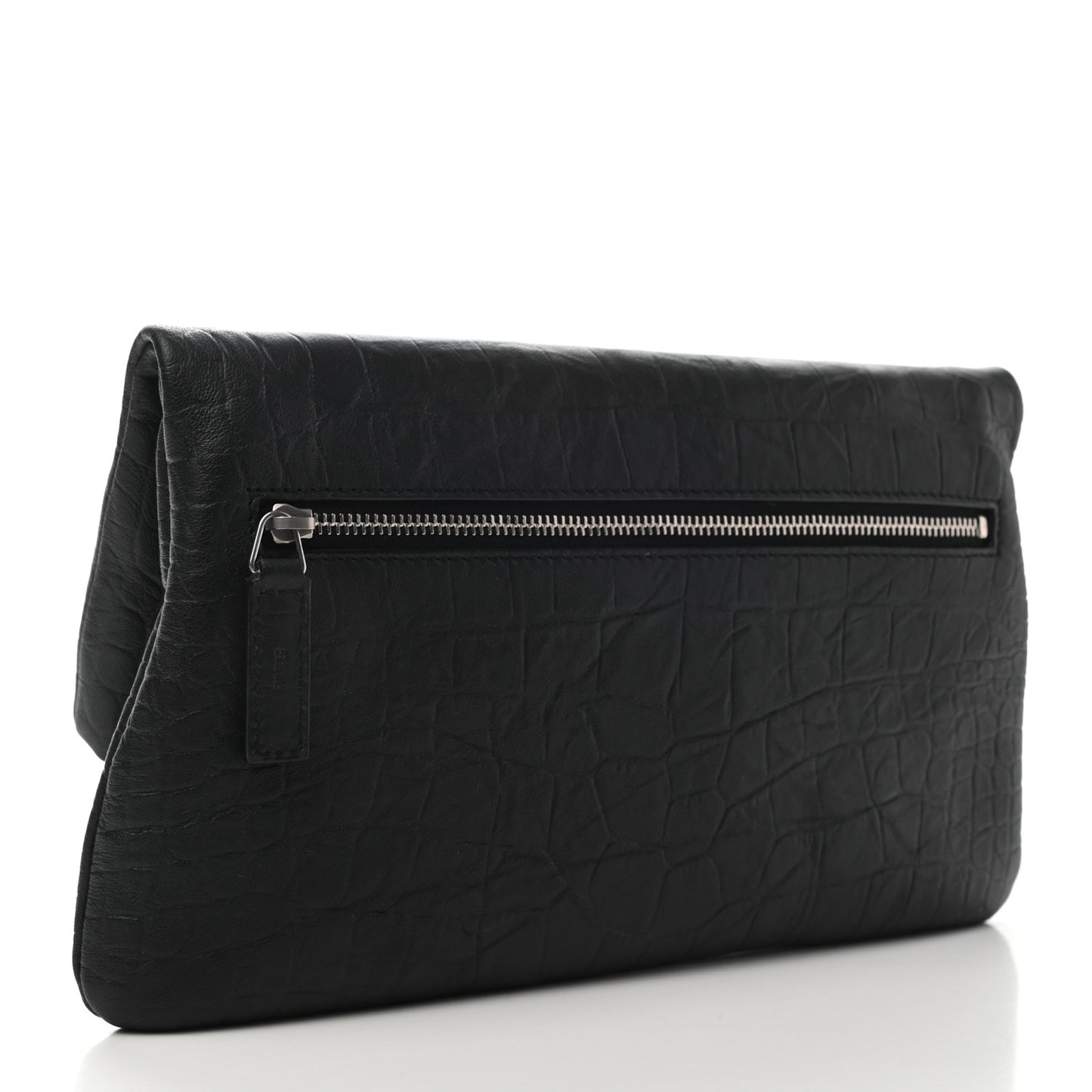 Calfskin Crocodile Embossed West Hollywood Monogram Fold Over Clutch Black