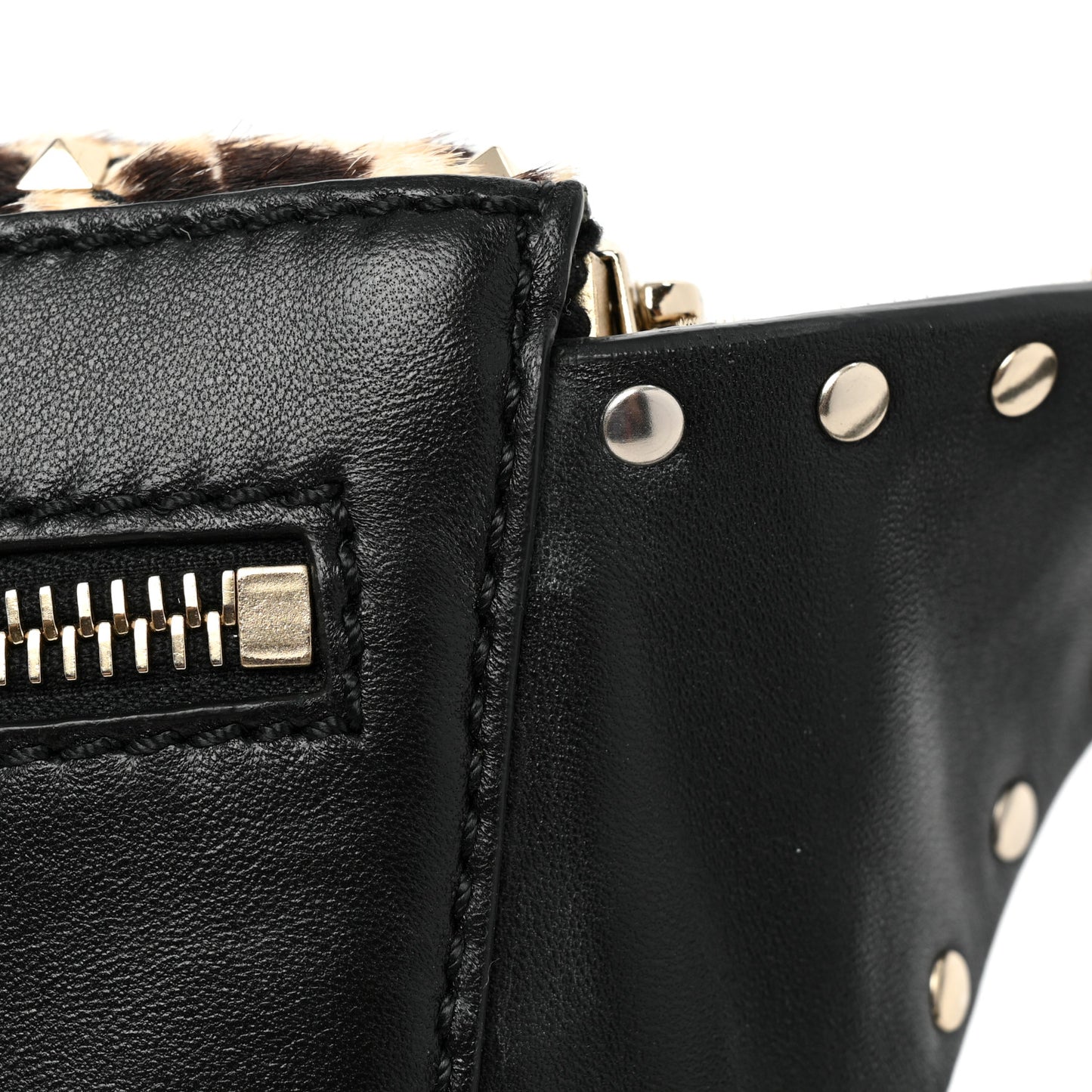 Calfskin Pony Hair Leopard Print Rockstud Spike Belt Bag 75
