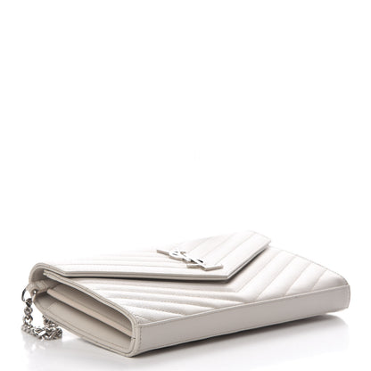 Saint Laurent Grain De Poudre Matelasse Chevron Monogram Chain Wallet Icy White 4 of 9