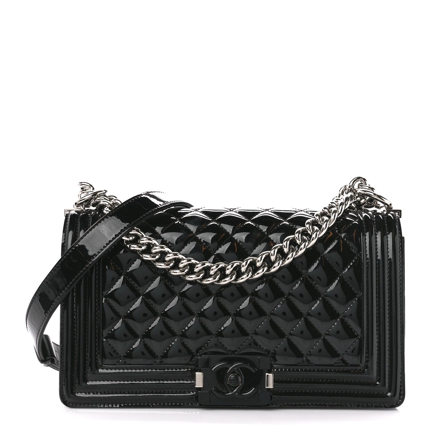 Patent Calfskin Quilted Medium Plexiglass Boy Flap Black