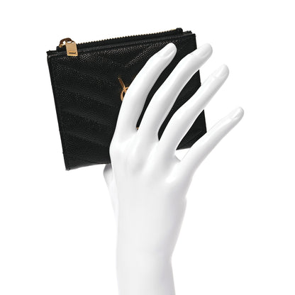 Saint Laurent Grain De Poudre Matelasse Chevron Monogram Zipped Card Case Black 2 of 9