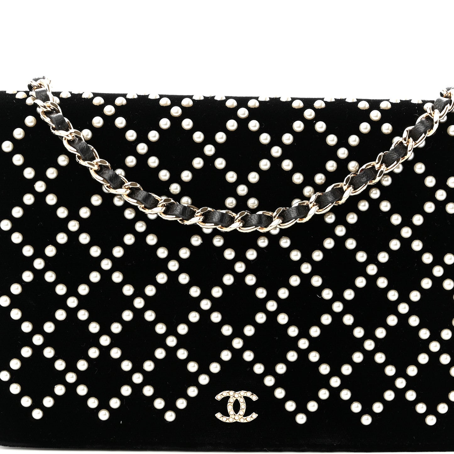 Velvet Pearl Diamond Embellished Wallet On Chain WOC Black