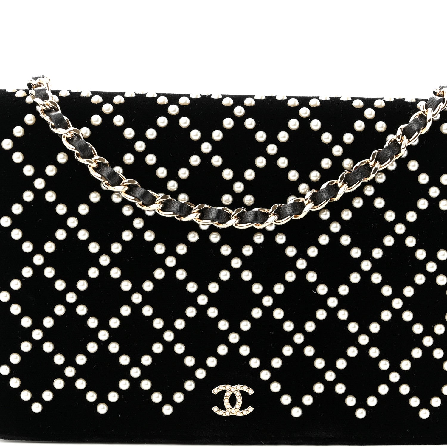 Chanel Velvet Pearl Diamond Embellished Wallet On Chain WOC Black 8 of 11