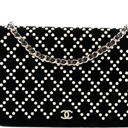 Chanel Velvet Pearl Diamond Embellished Wallet On Chain WOC Black 8 of 11