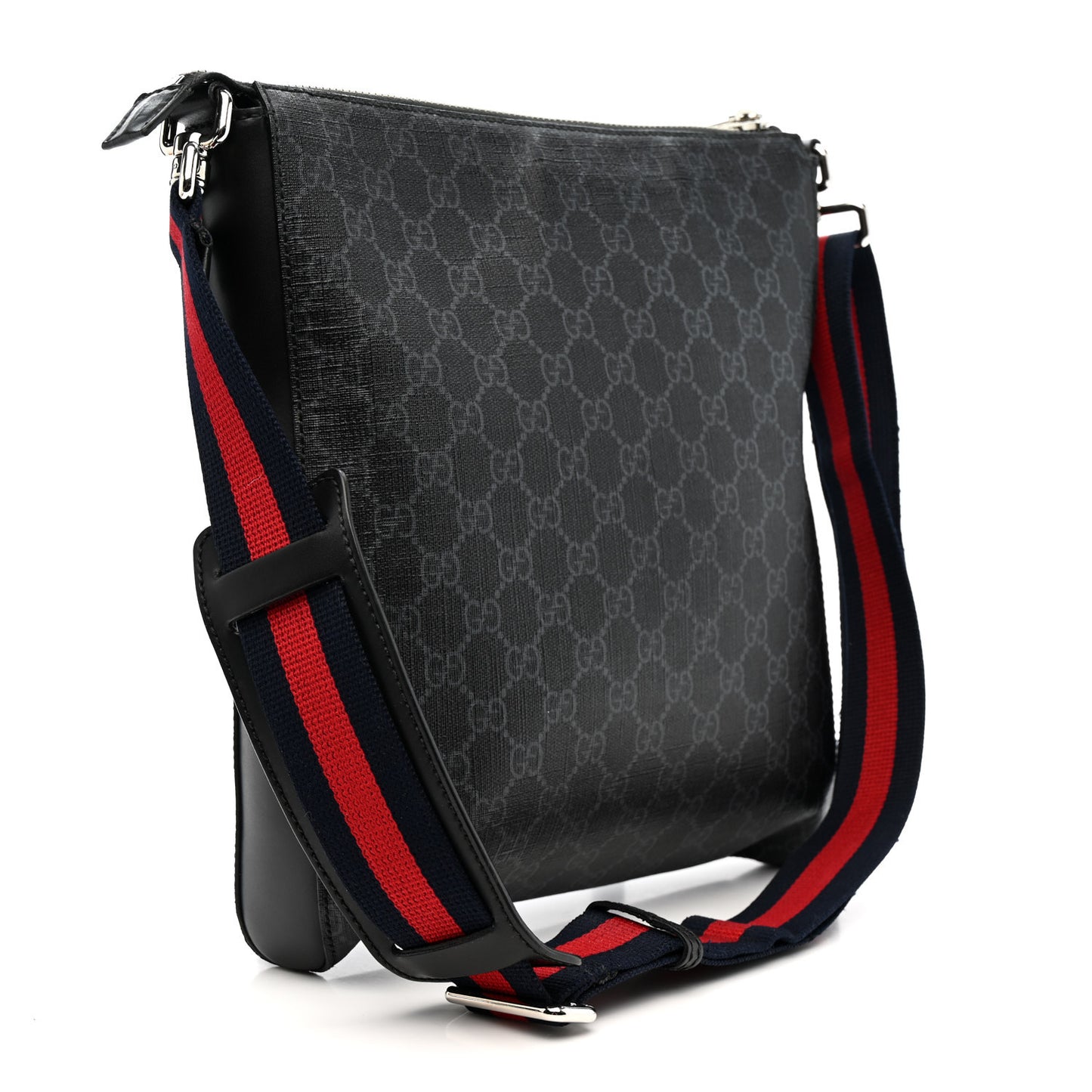 GG Supreme Monogram Appia Calfskin Web Flat Messenger Bag Black Grey