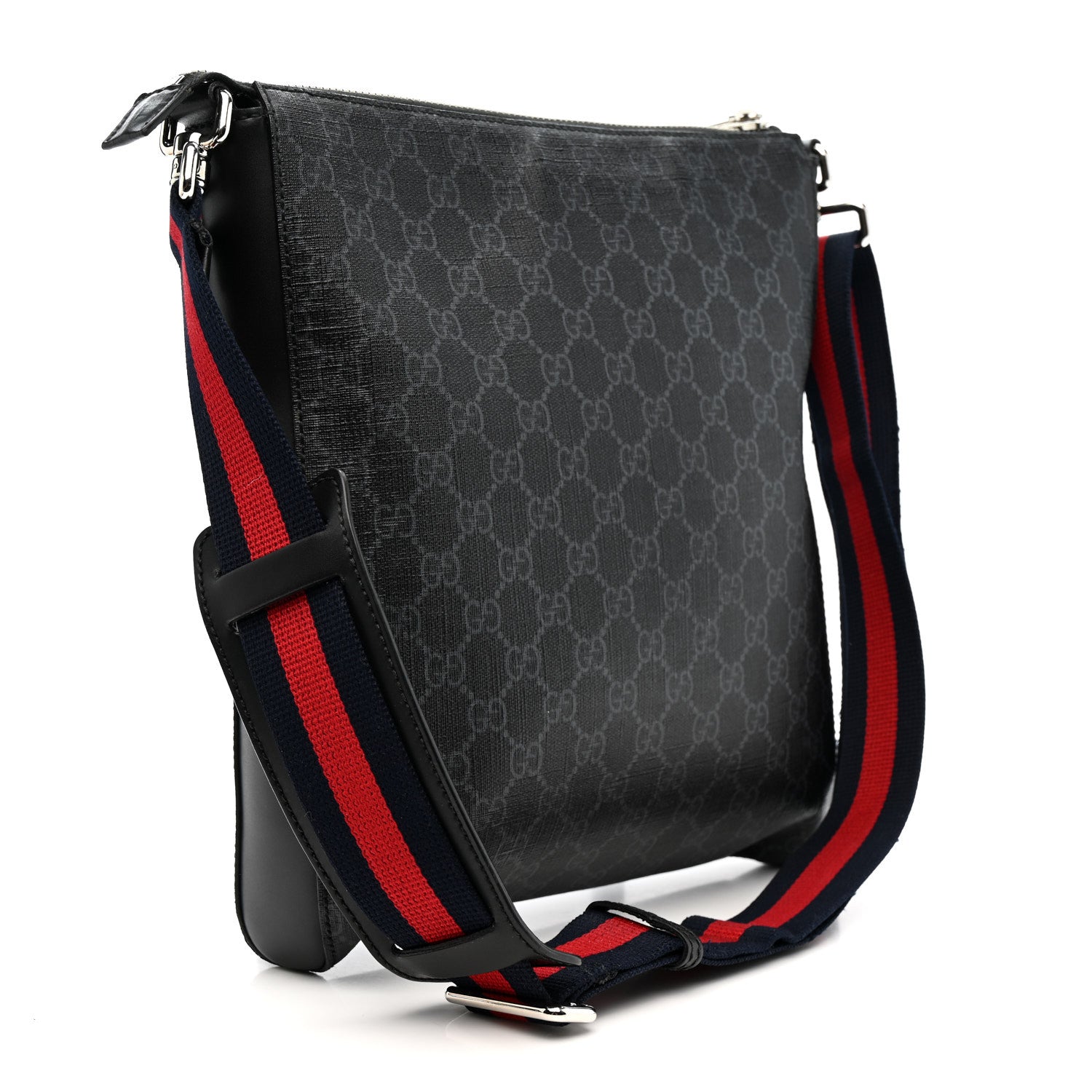 Gucci GG Supreme Monogram Appia Calfskin Web Flat Messenger Bag Black Grey 3 of 15