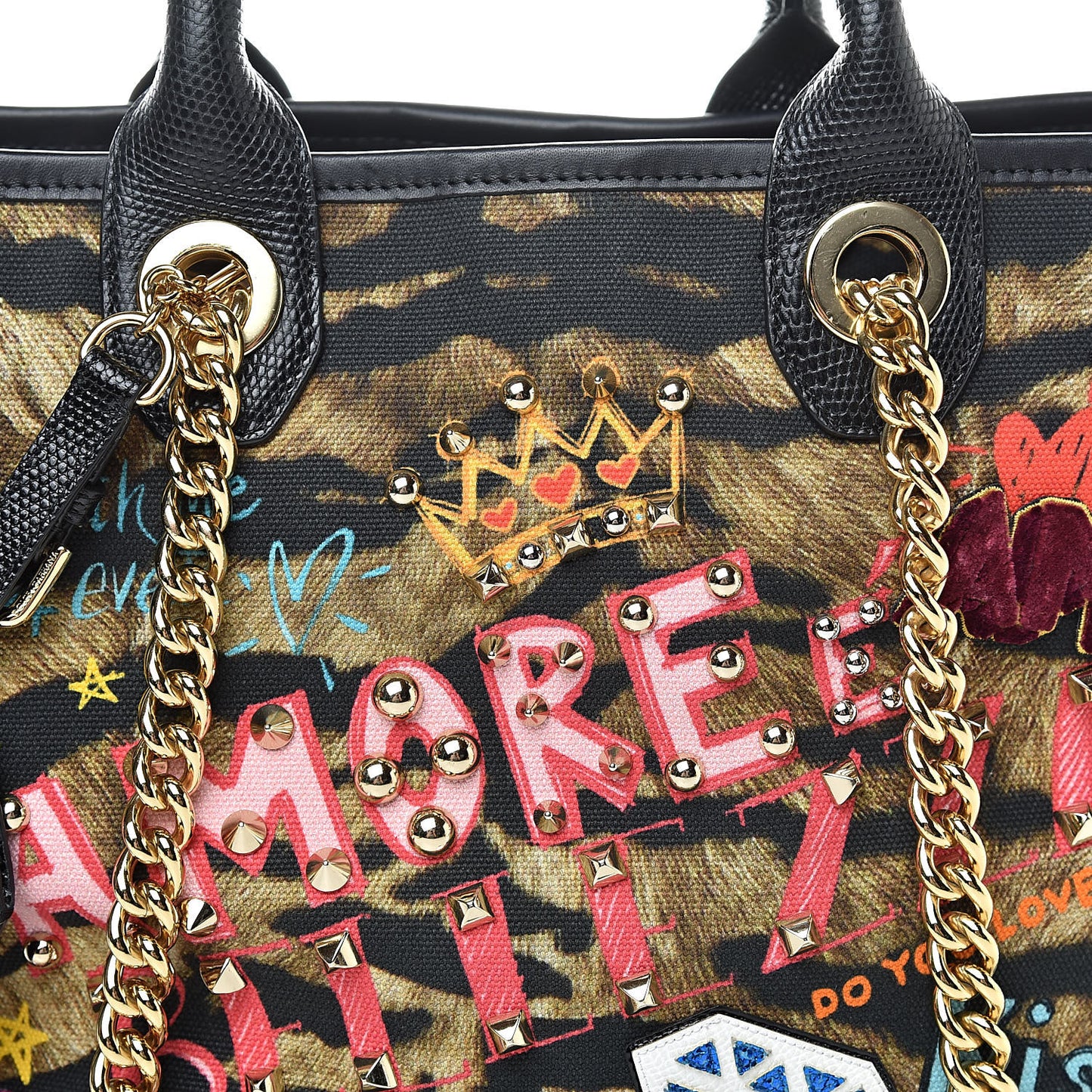 Leopard Print Graffiti Printed Iguana Amore Tote Black Multicolor
