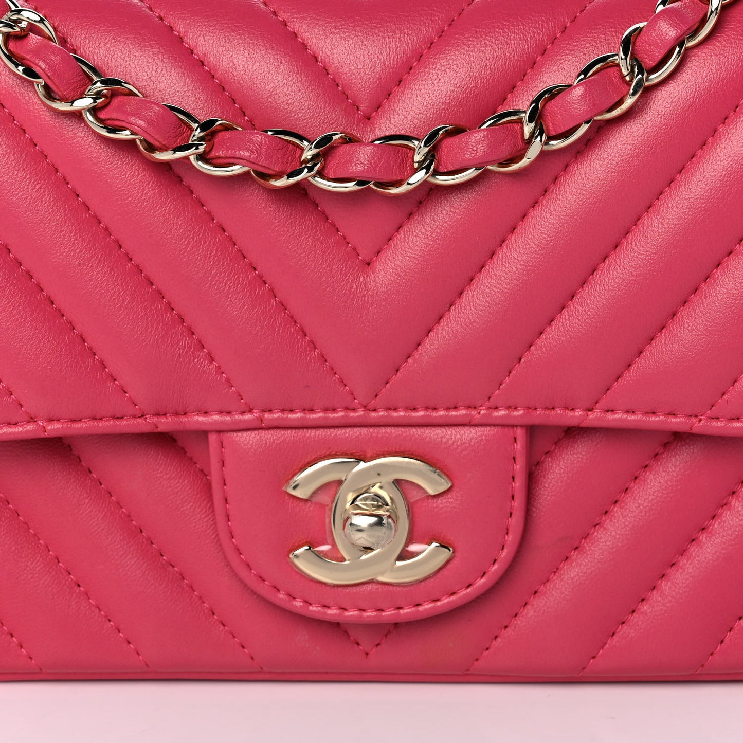Lambskin Chevron Quilted Mini Rectangular Flap Dark Pink