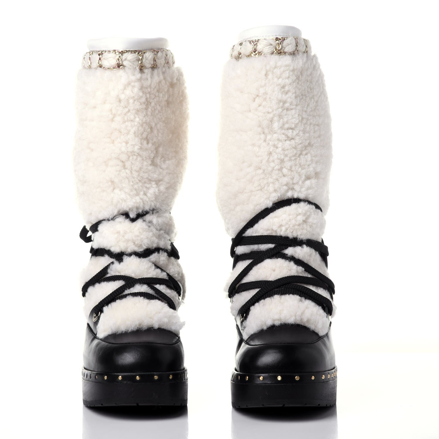 Chanel Shearling Chain Studded CC High Boot 38 Black 2 of 12