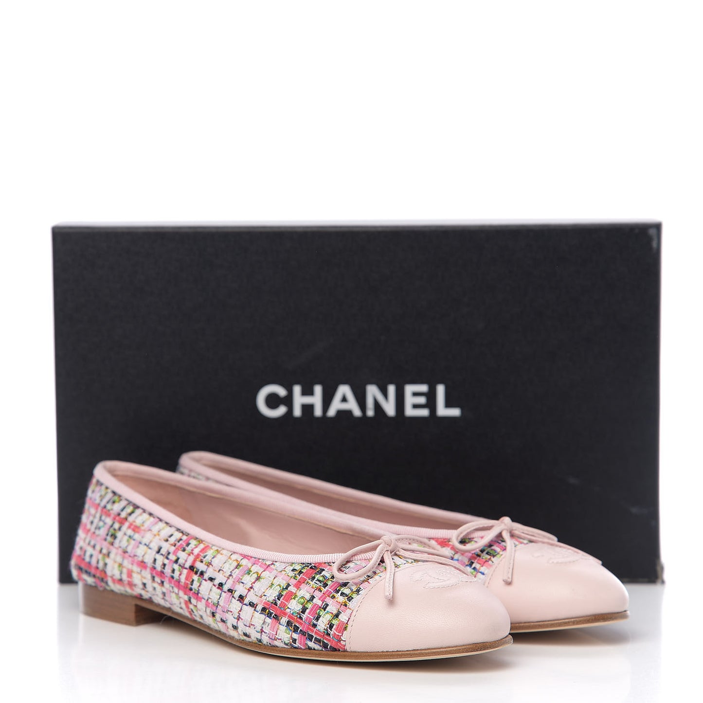 Tweed Calfskin Cap Toe Ballerina Flats 37.5 Pink
