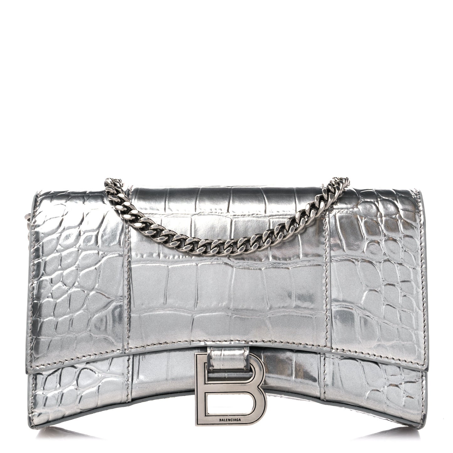 Metallic Calfskin Crocodile Embossed Hourglass Chain Bag Silver