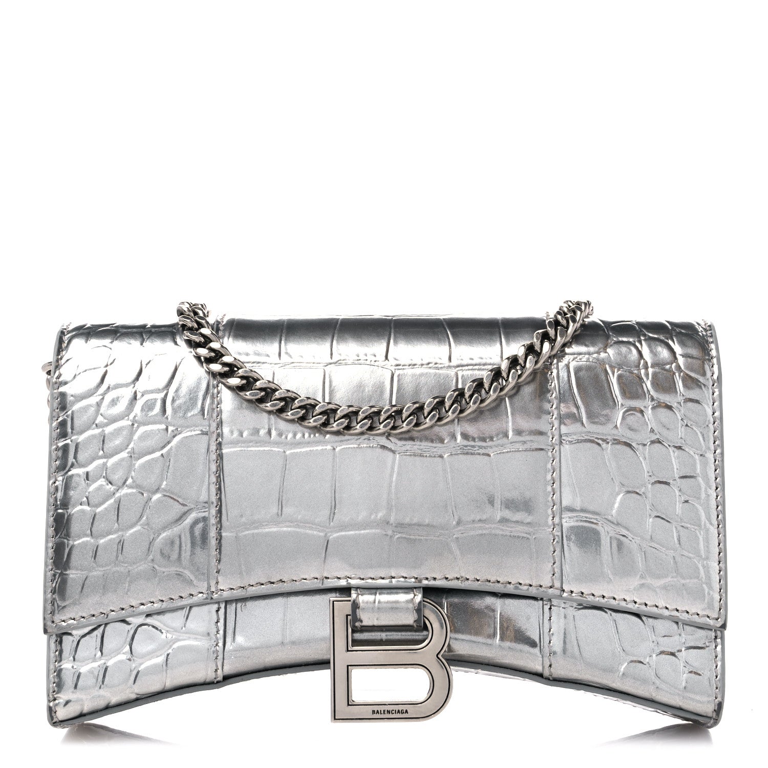 Balenciaga Metallic Calfskin Crocodile Embossed Hourglass Chain Bag Silver 1 of 12