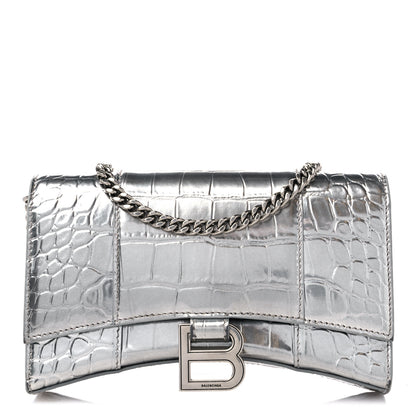 Balenciaga Metallic Calfskin Crocodile Embossed Hourglass Chain Bag Silver 1 of 12