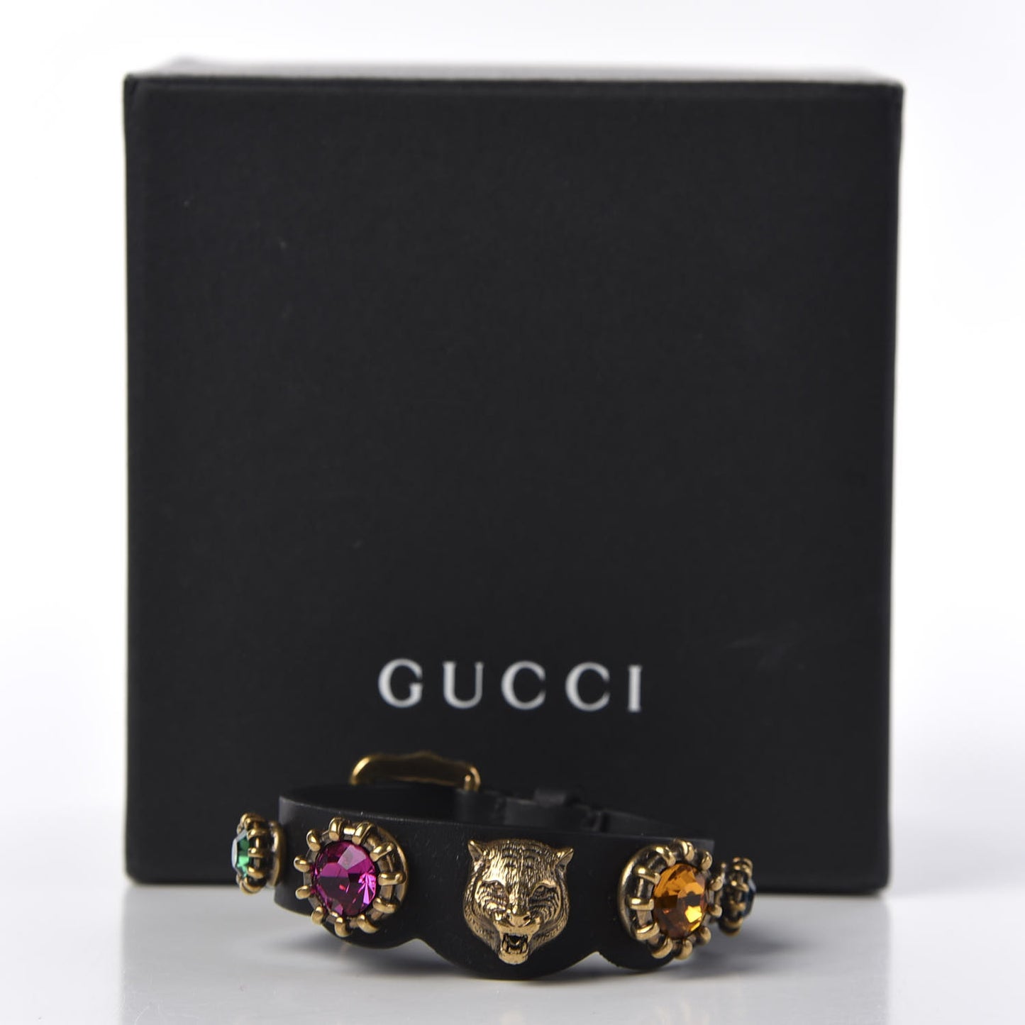Calfskin Crystal Feline Heads Bracelet Black