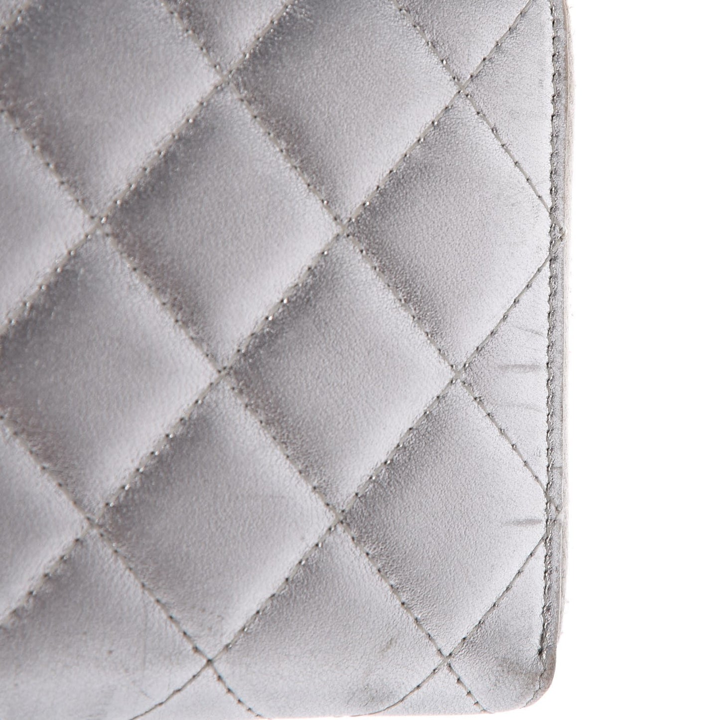 Metallic Lambskin Quilted Large Gusset Zip Around Wallet Silver