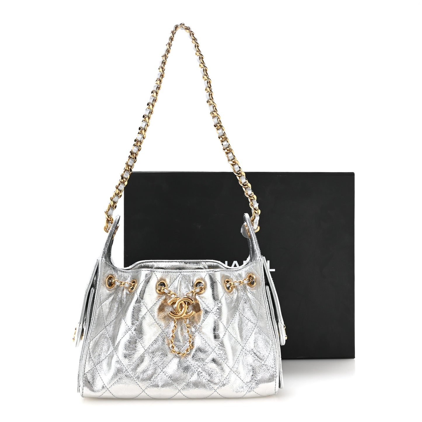 Metallic Aged Calfskin Quilted Mini Chanel 25 Handbag Silver