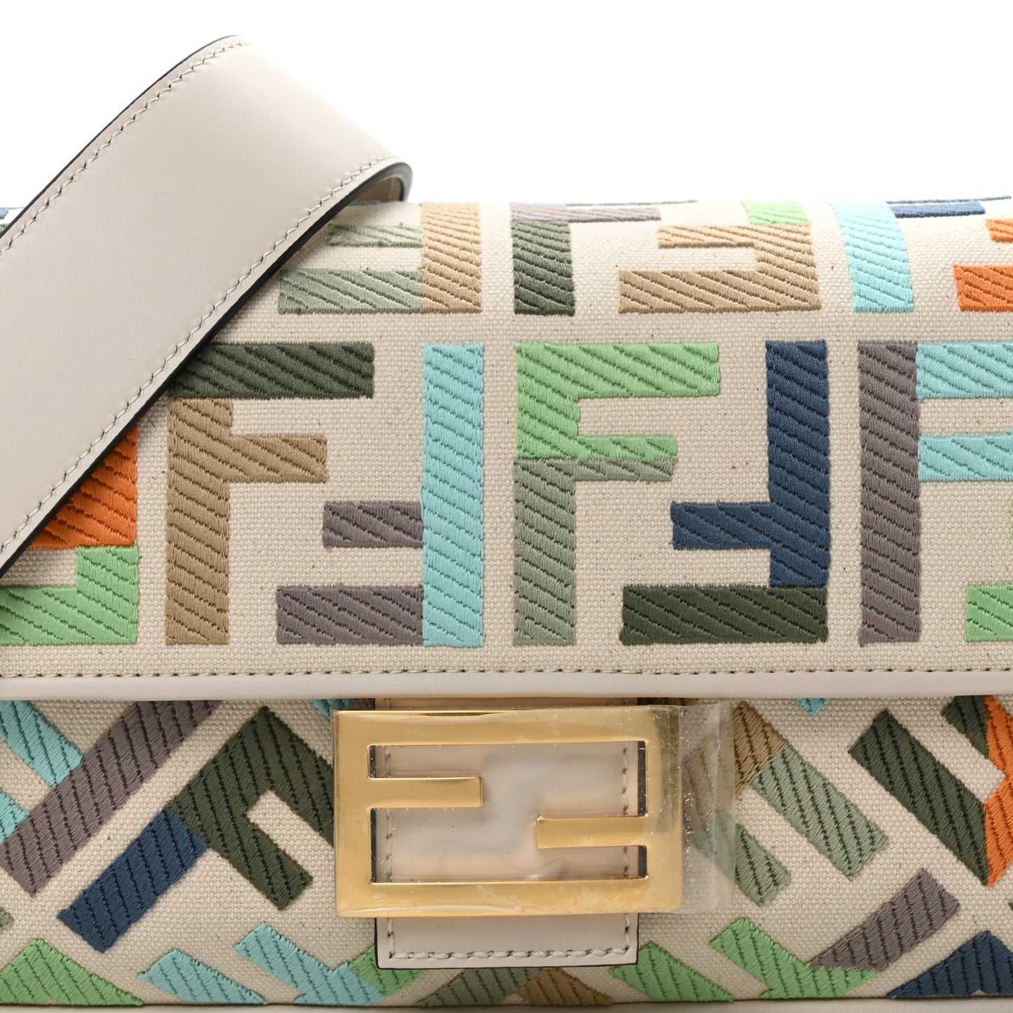 Canvas Vitello Seta FF Multicolor Embroidered Baguette Grezzo Multicolor Latte
