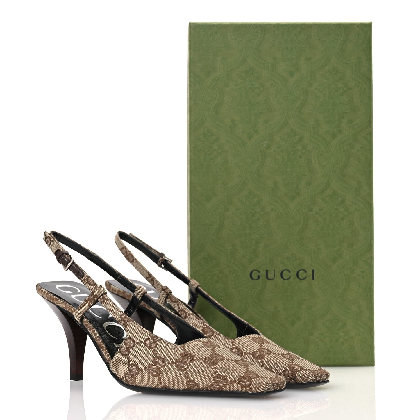 Monogram Malga Kid Square G 75mm Slingback Pumps 35 Beige Ebony New Acero