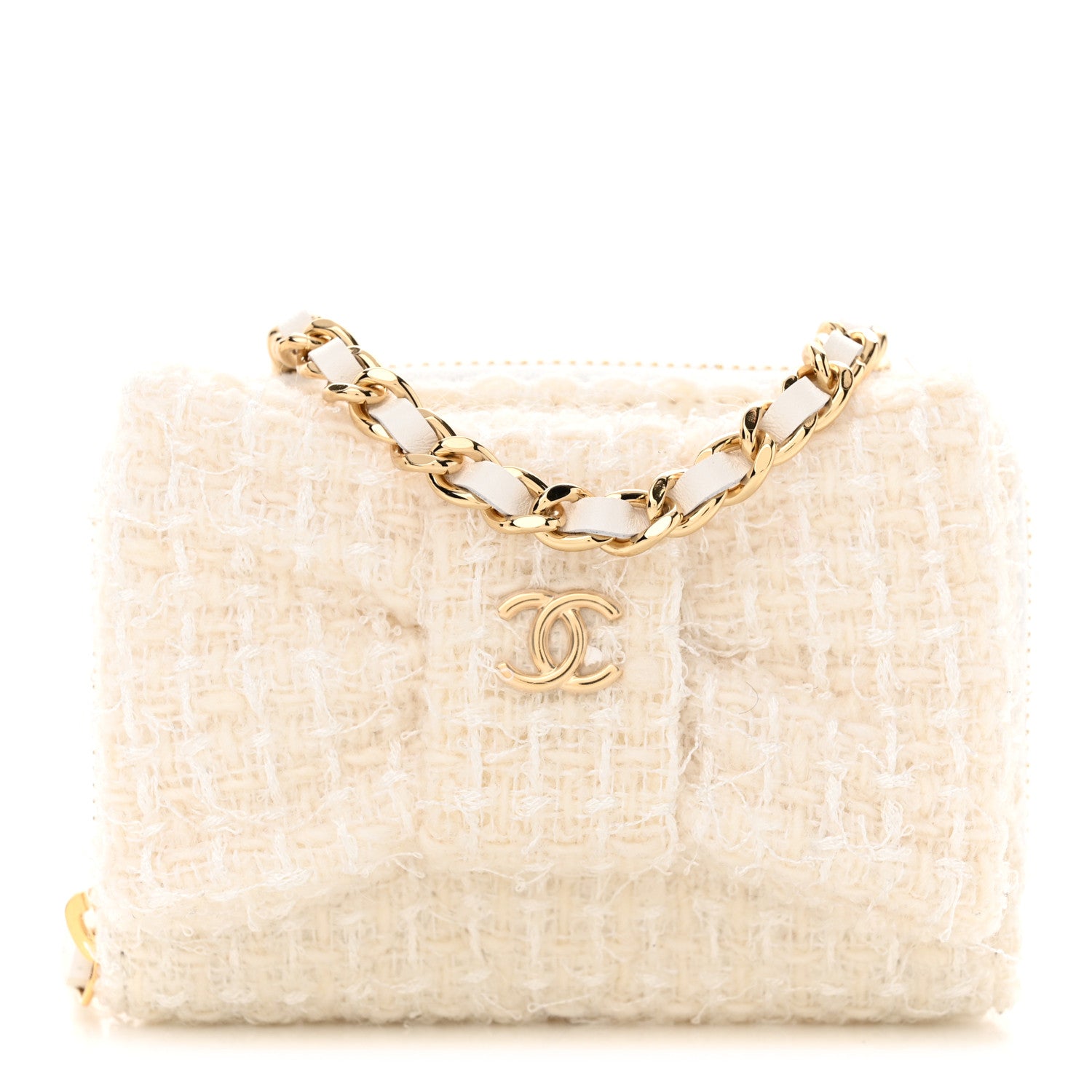 Chanel Tweed Quilted Bow Flap Card Holder On Chain White 1 of 11