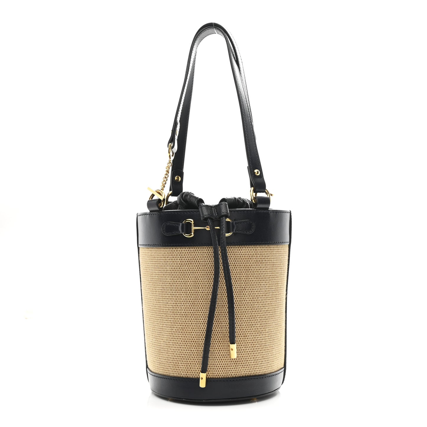 Canvas Calfskin Small Horsebit 1955 Drawstring Bucket Bag Natural Black
