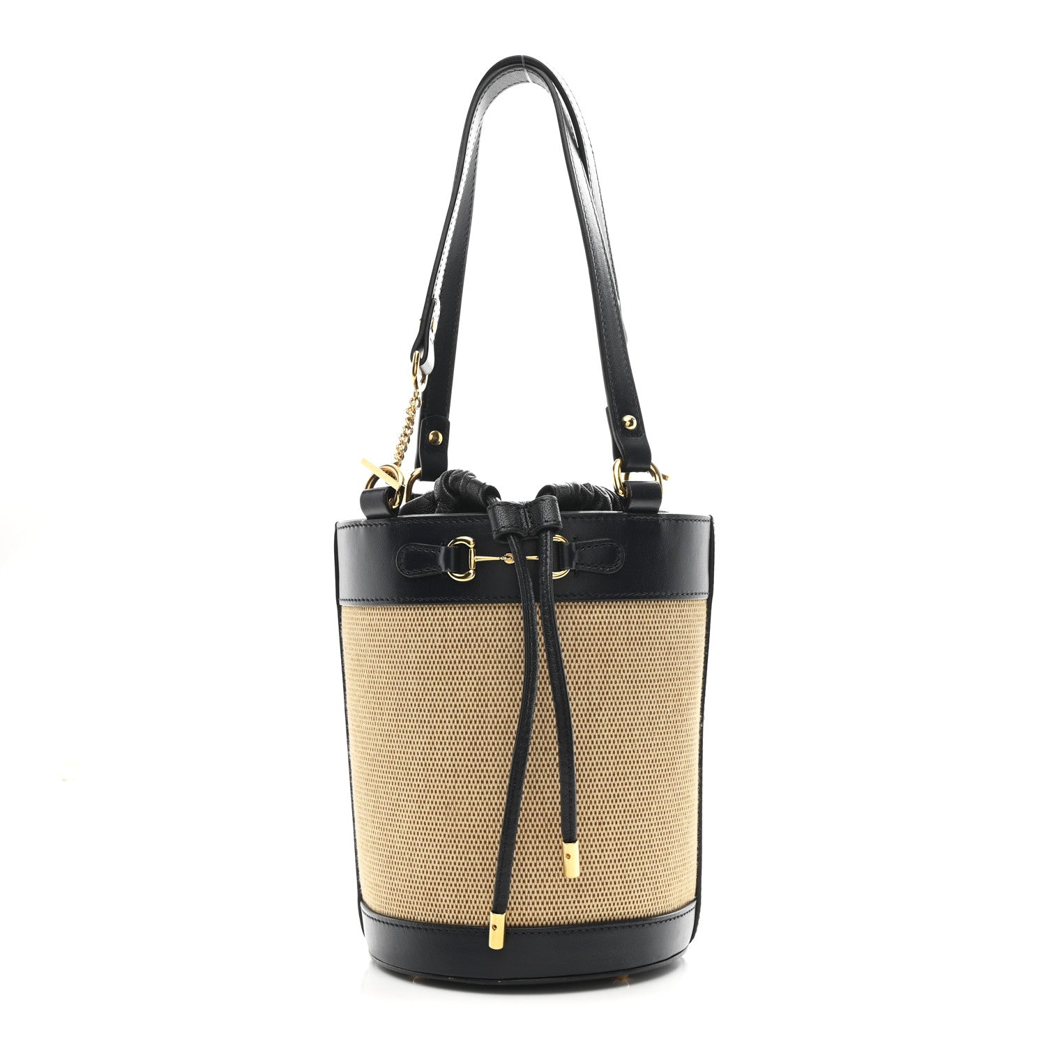 Gucci Canvas Calfskin Small Horsebit 1955 Drawstring Bucket Bag Natural Black 1 of 11
