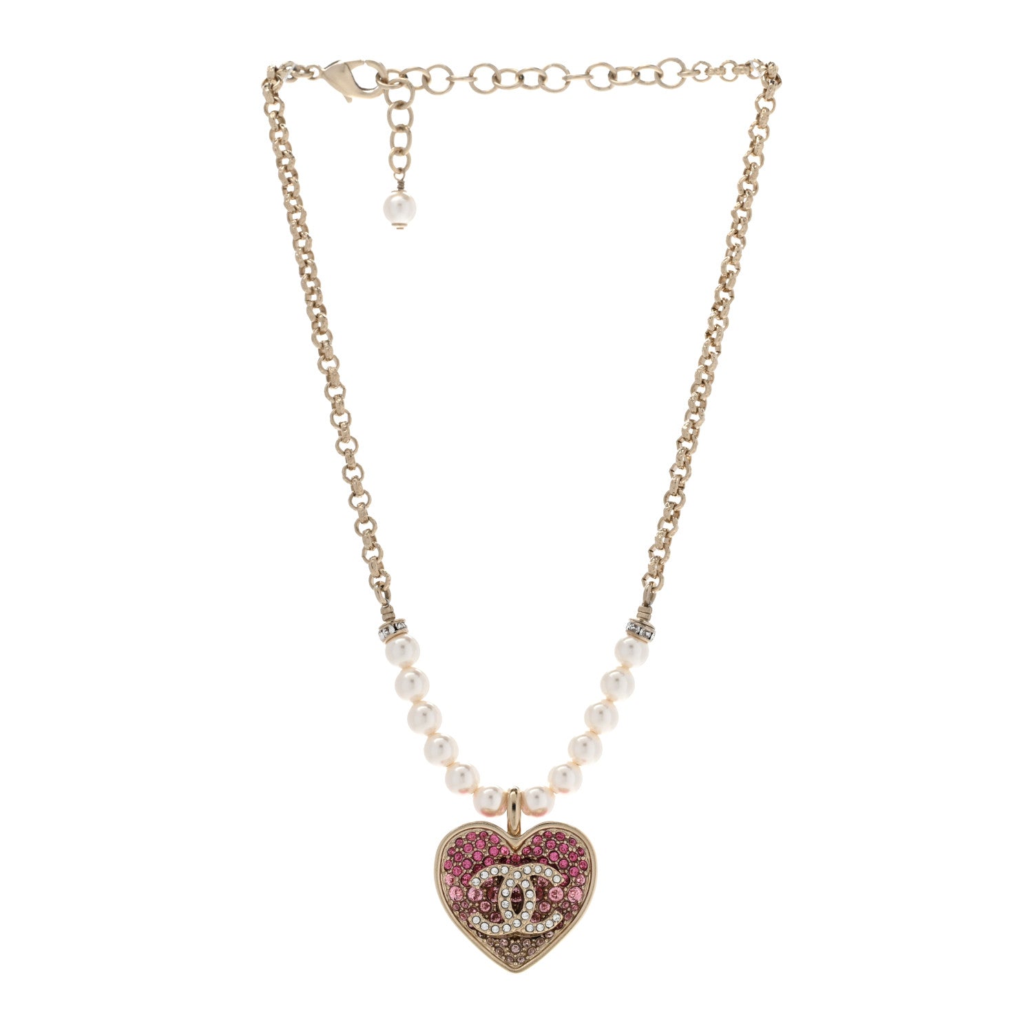 Chanel Pearl Crystal Resin CC Heart Short Necklace Pink Gold White 3 of 8