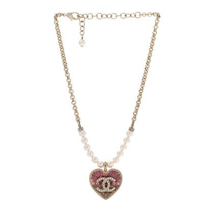 Chanel Pearl Crystal Resin CC Heart Short Necklace Pink Gold White 3 of 8