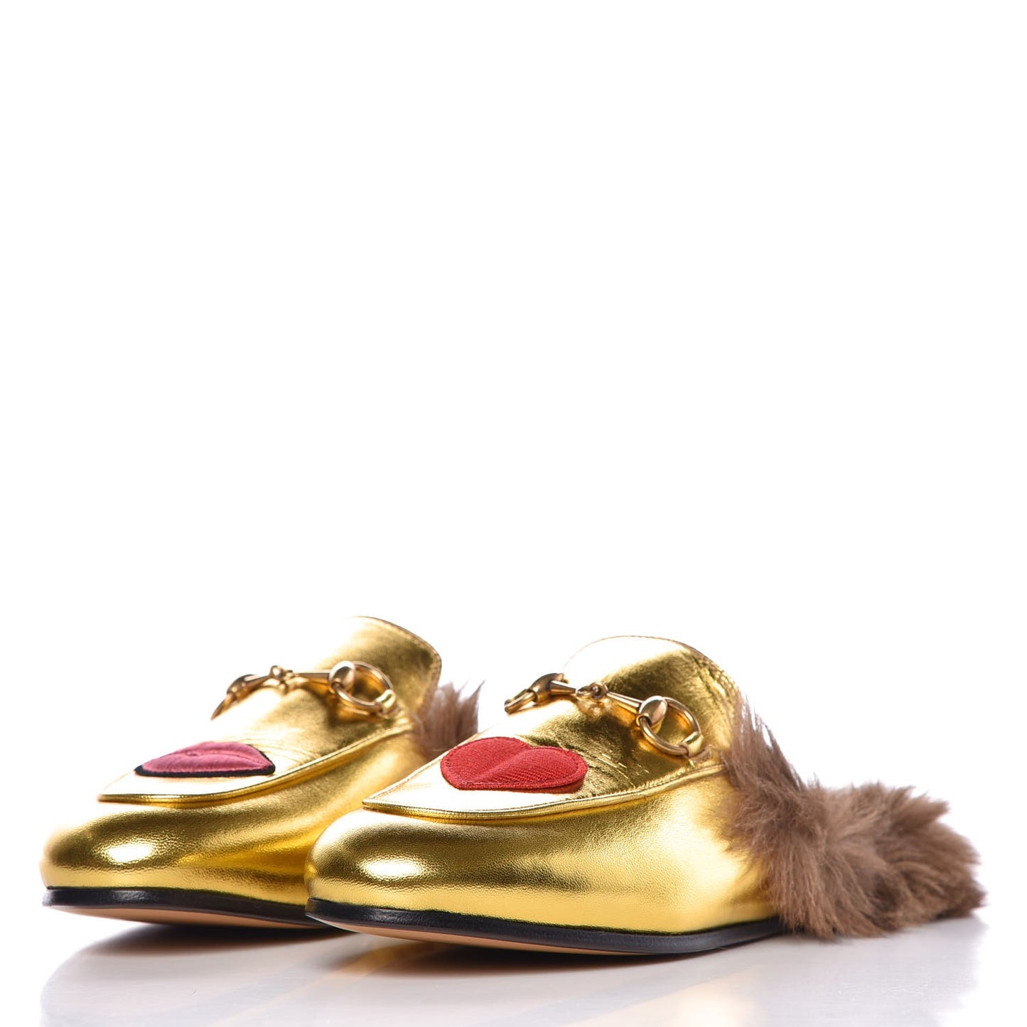 Metallic Nappa Fur Heart and Lips Womens Princetown Slippers 35 Gold
