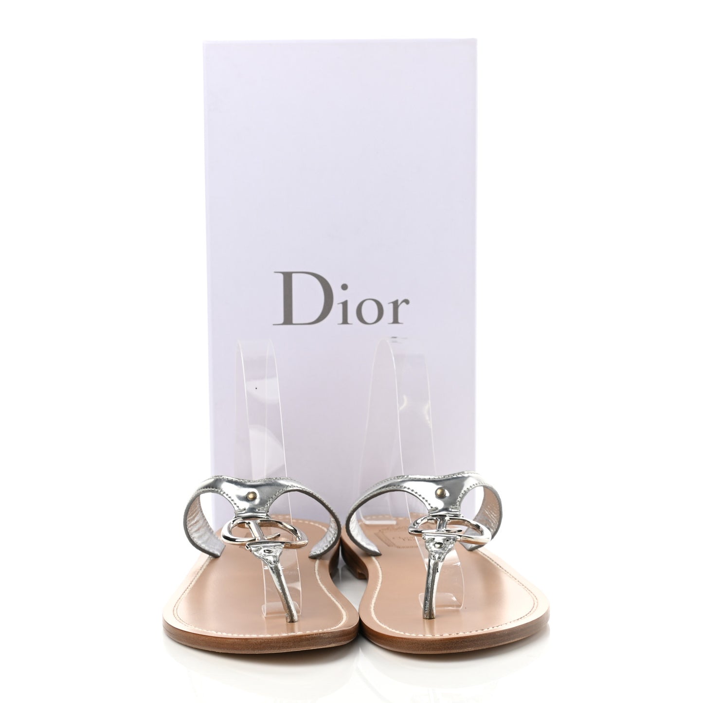 Metallic Calfskin Logo Charm Thong Sandals 41 Argent