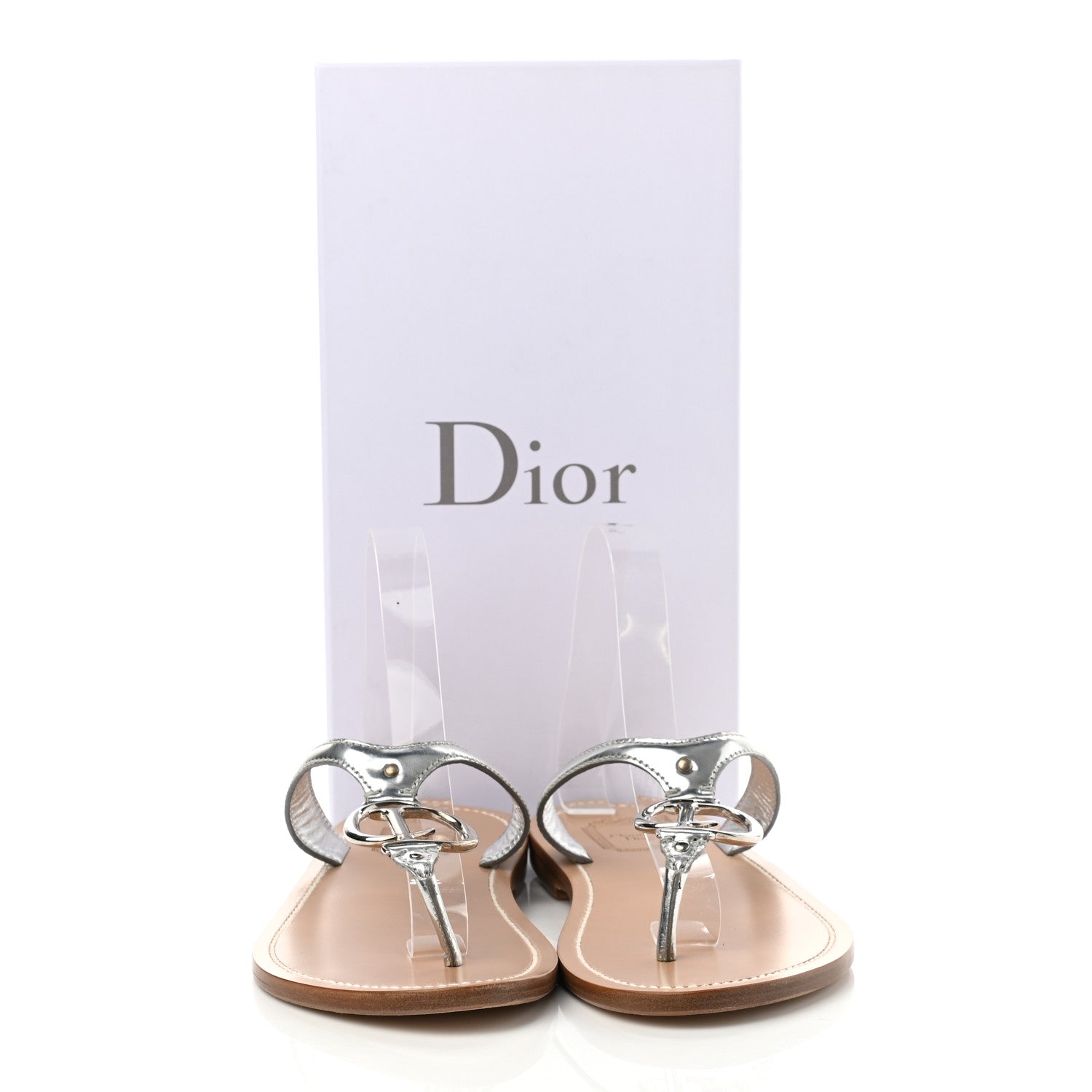 Christian Dior Metallic Calfskin Logo Charm Thong Sandals 41 Argent 8 of 8