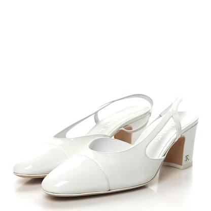 Chanel Patent Calfskin Cap Toe CC Slingback Pumps 38 White 3 of 8