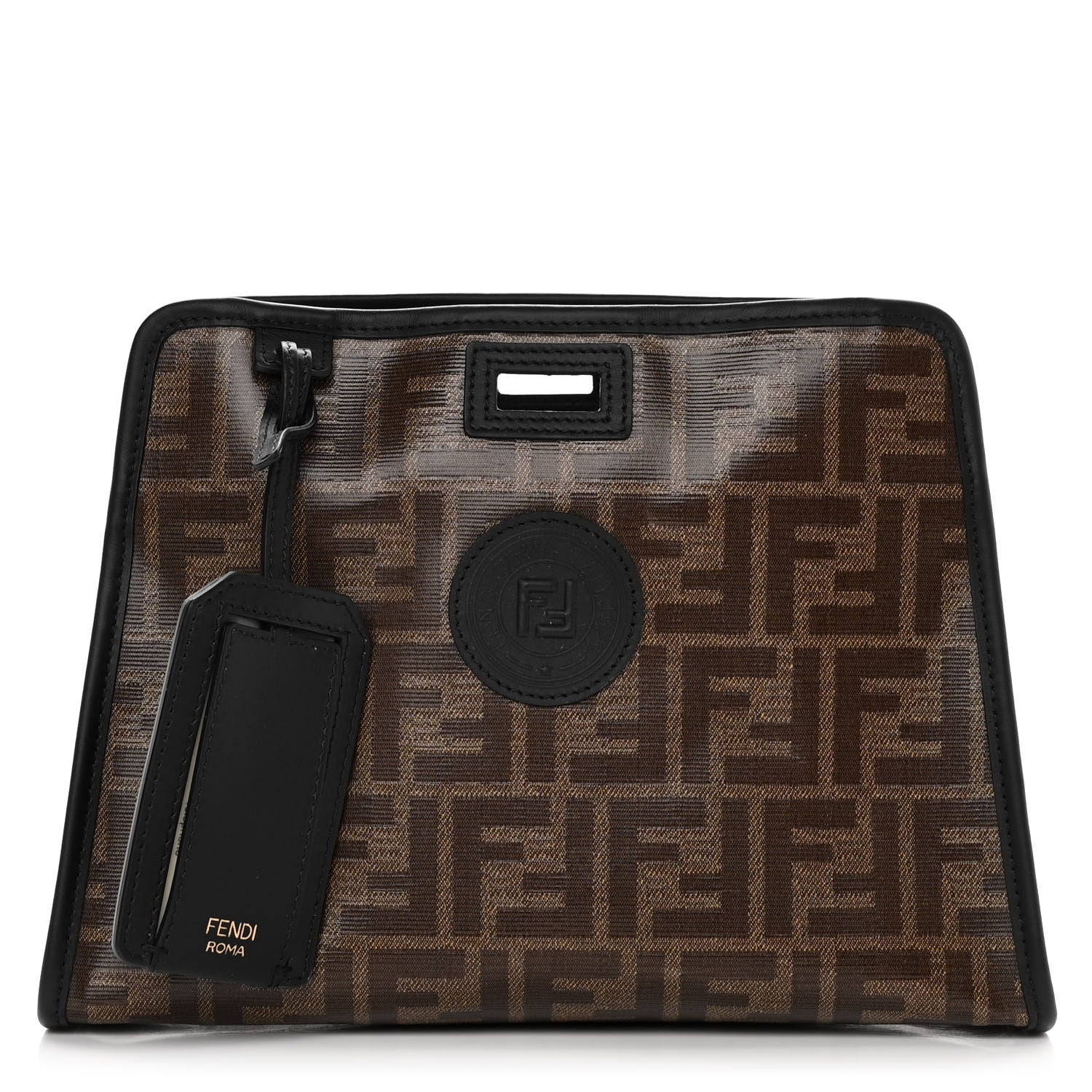 Fendi Glazed Fabric Vitello Century FF 1974 Stamp Patch Mini Peekaboo Defender Cover Mogano Panna Black 1 of 10