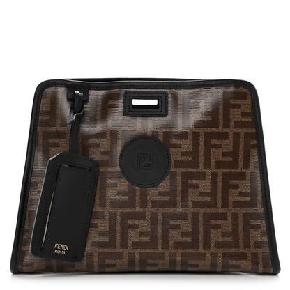 Fendi Glazed Fabric Vitello Century FF 1974 Stamp Patch Mini Peekaboo Defender Cover Mogano Panna Black 1 of 10