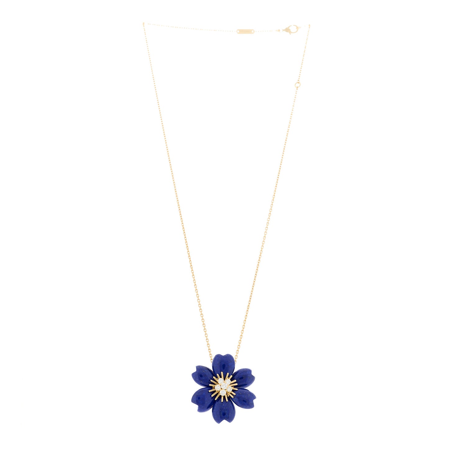 18K Yellow Gold Diamond Lapis Lazuli Small Rose De Noel Pendant Necklace