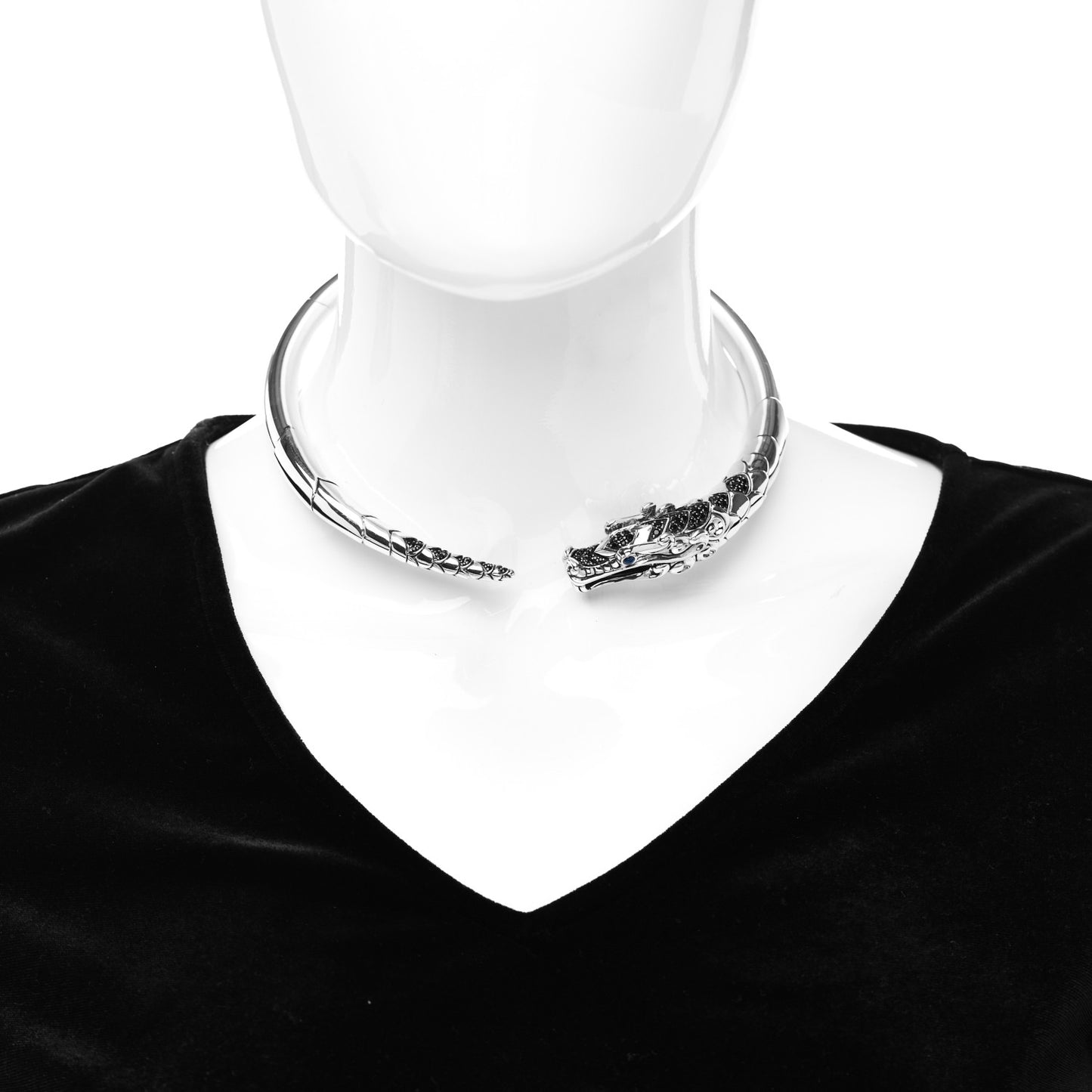 Sterling Silver Black Blue Sapphire Legends Naga Dragon Choker Necklace