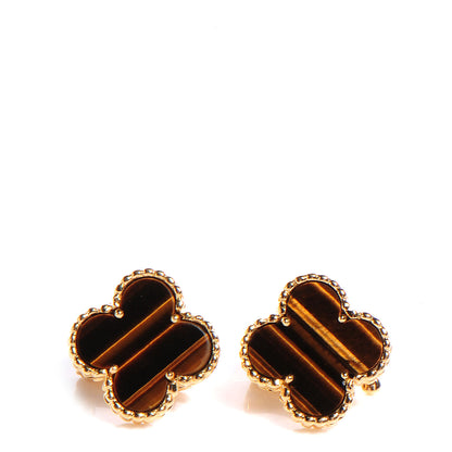 Van Cleef & Arpels 18K Yellow Gold Tiger's Eye Vintage Alhambra Earrings 1 of 4
