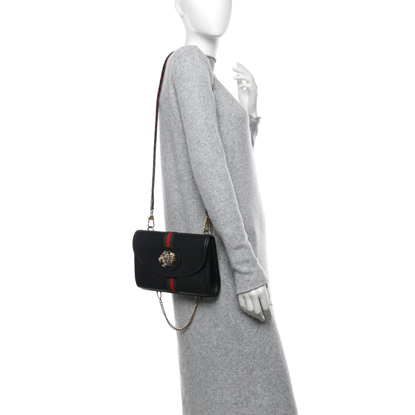 Textured Calfskin Web Small Rajah Slim Flap Shoulder Bag Black