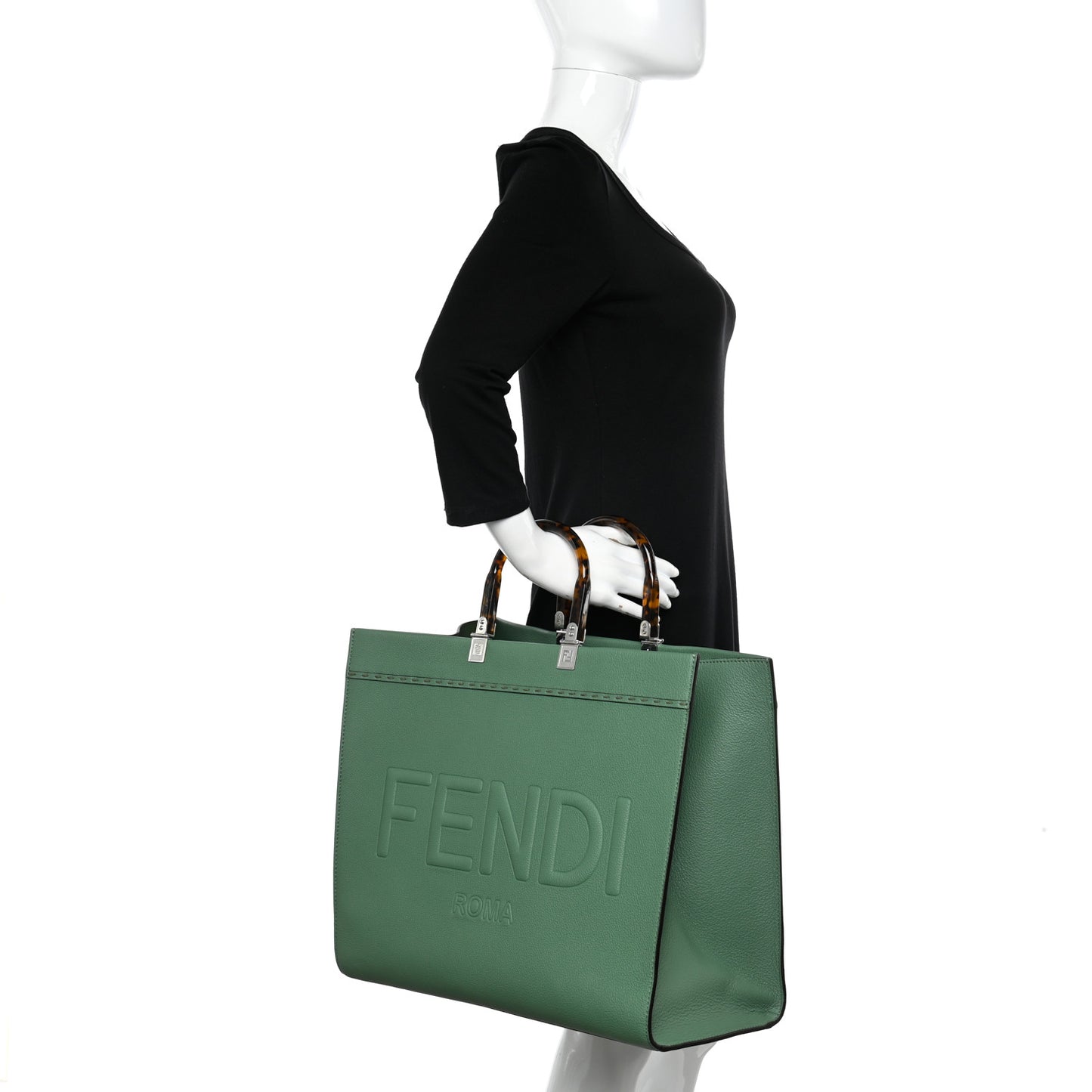 Vitello Cher Plexiglass Logo Debossed Medium Fendi Sunshine Shopper Tote Verde Islanda