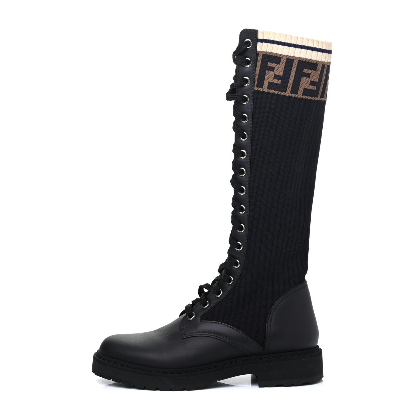 Calfskin Stretch Fabric FF Rockoko Tall Biker Boots 35 Tobacco Black Marino