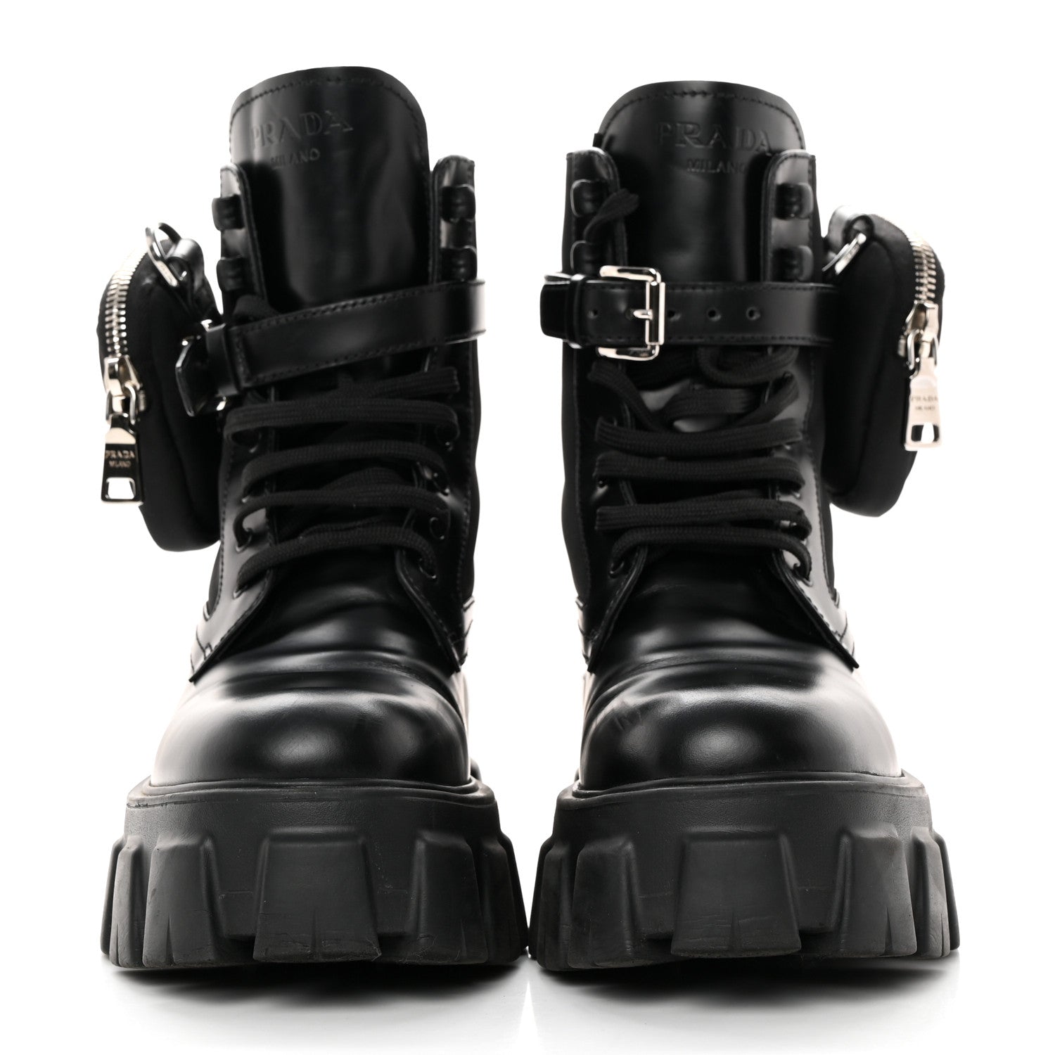 Prada Spazzolato Rois Re-Nylon Metal Triangle Logo Monolith Pouch Pocket 55mm Boots 37 Black 2 of 11