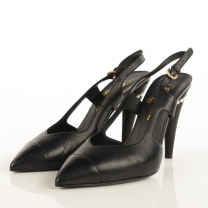 Chanel Lambskin Pearl Slingback Pumps 38.5 Black 3 of 8