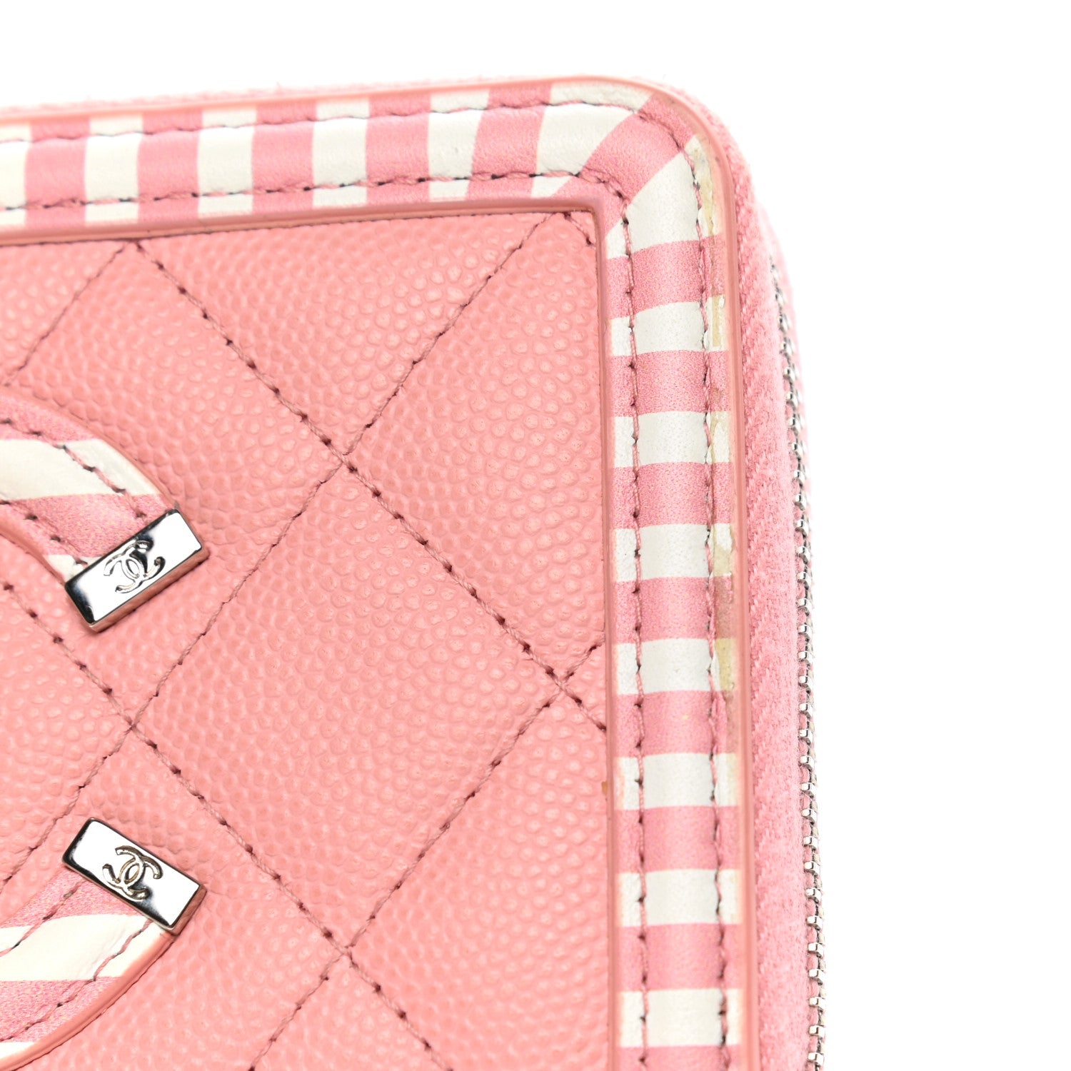 Chanel Caviar Quilted Medium Stripe Filigree Zip Around Wallet Pink White 11 of 15