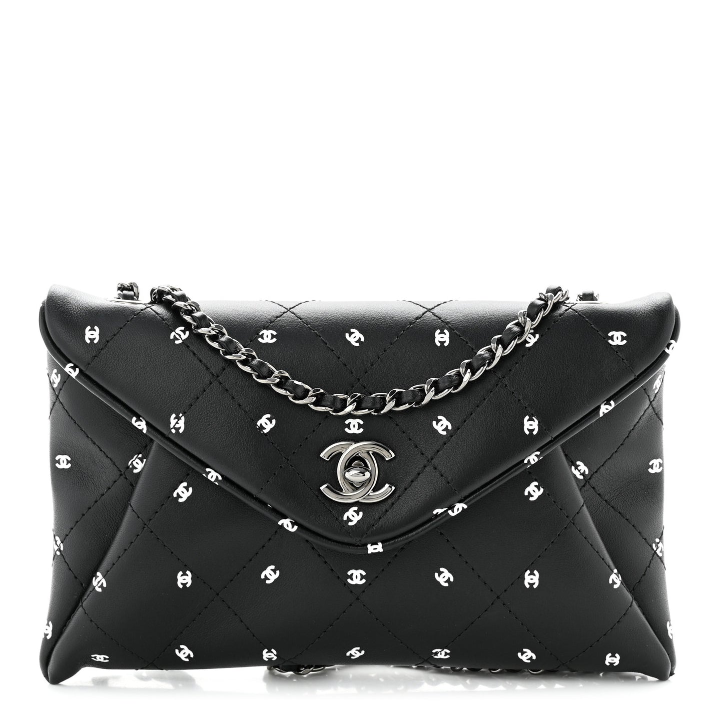 Printed Lambskin Logo CC Envelope Clutch With Chain Black White