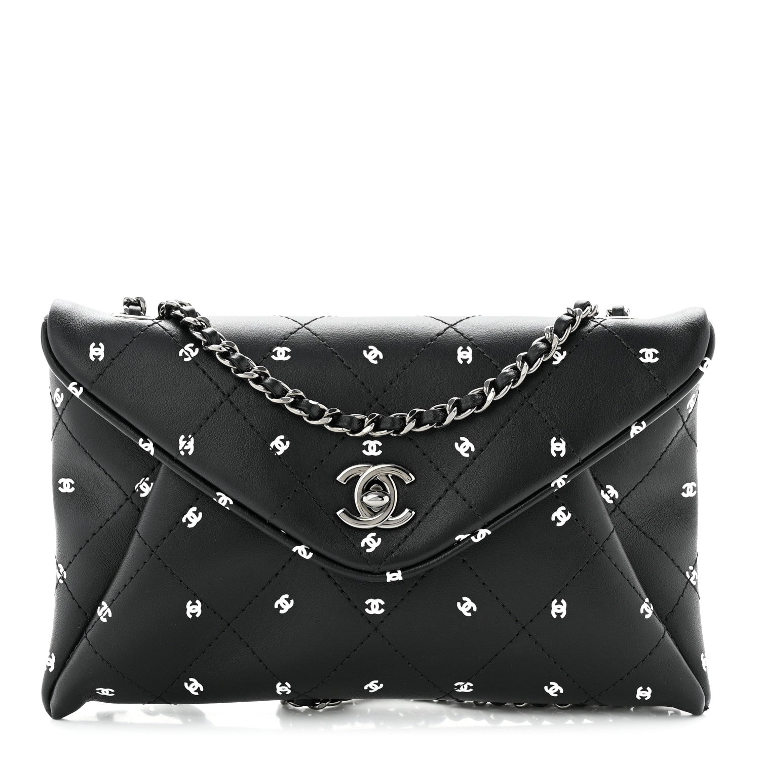 Chanel Printed Lambskin Logo CC Envelope Clutch With Chain Black White 1 of 10