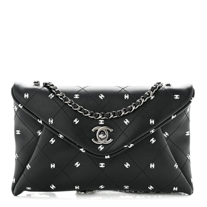 Chanel Printed Lambskin Logo CC Envelope Clutch With Chain Black White 1 of 10