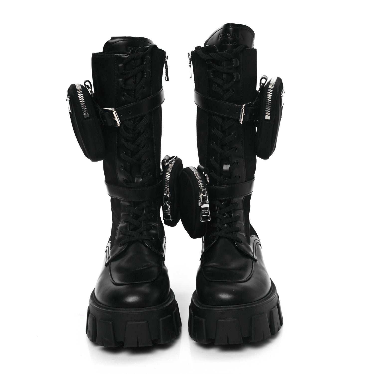 Prada Spazzolato Rois Re-Nylon Metal Triangle Logo Monolith Pouch Pocket 55mm Tall Combat Boots 39.5 Black 2 of 8