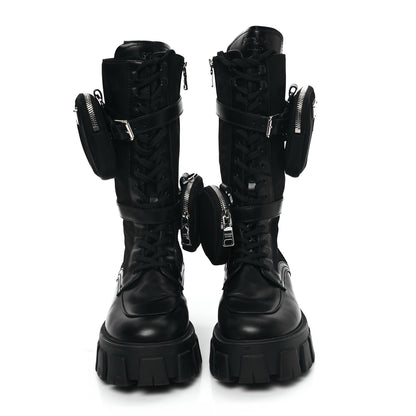 Prada Spazzolato Rois Re-Nylon Metal Triangle Logo Monolith Pouch Pocket 55mm Tall Combat Boots 39.5 Black 2 of 8