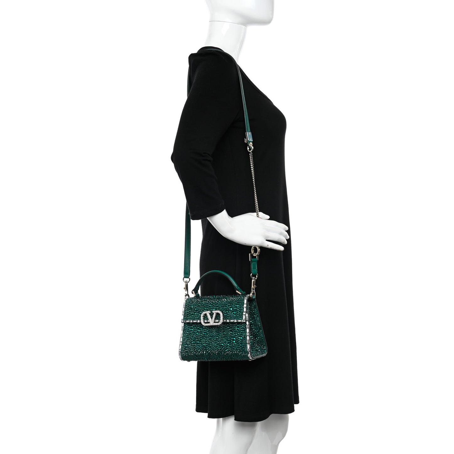 Crystal Embroidered Mini Vsling Top Handle Bag Emerald Jungle