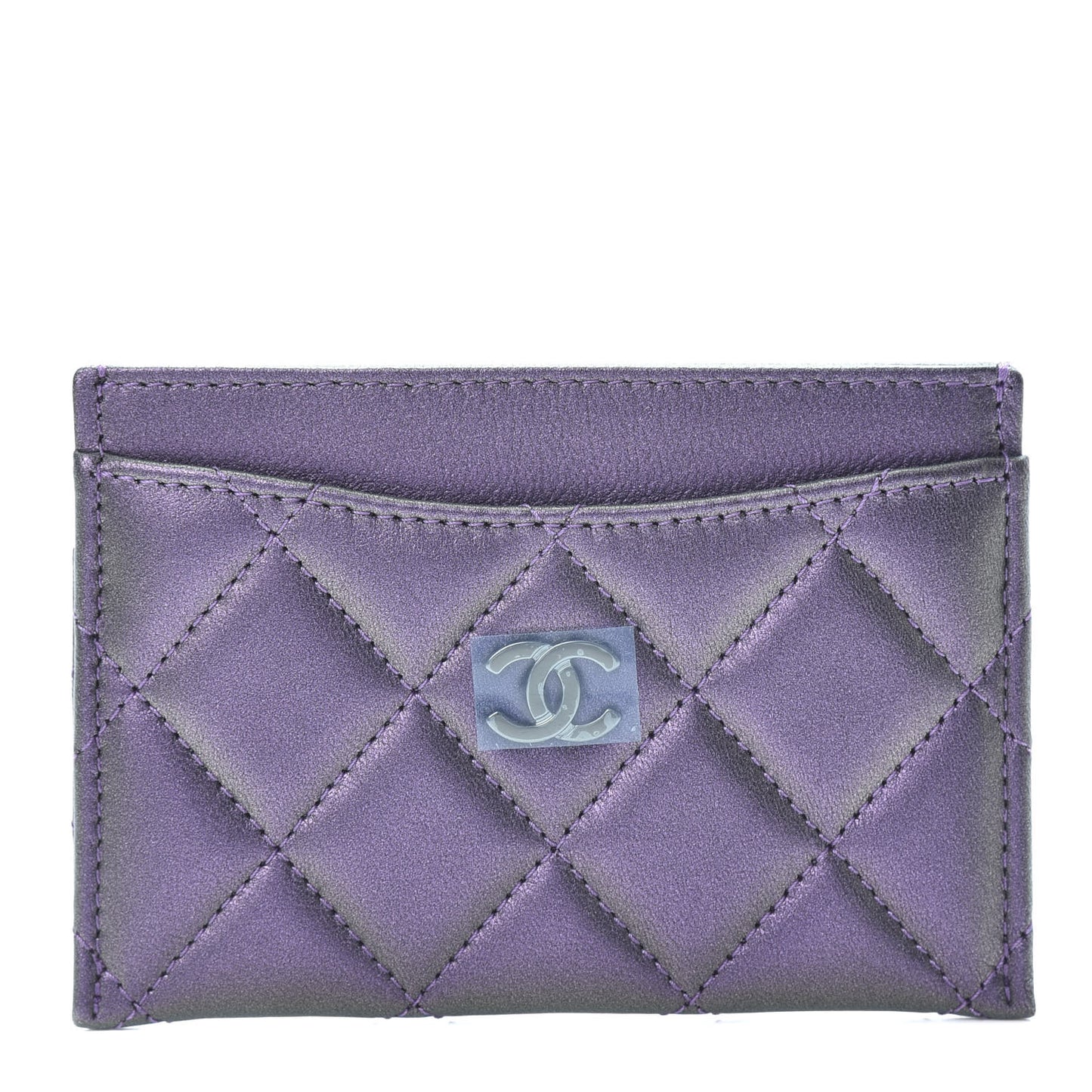 Iridescent Lambskin Quilted Card Holder Purple