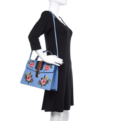 Gucci Calfskin Embroidered Medium Sylvie Top Handle Bag Clear Sky Blue 2 of 12